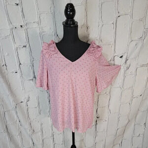 BLUSH Bell Sleeve Pink Swiss Dot Dressy Blouse with Ruffle Detail‎ Womens L NWT